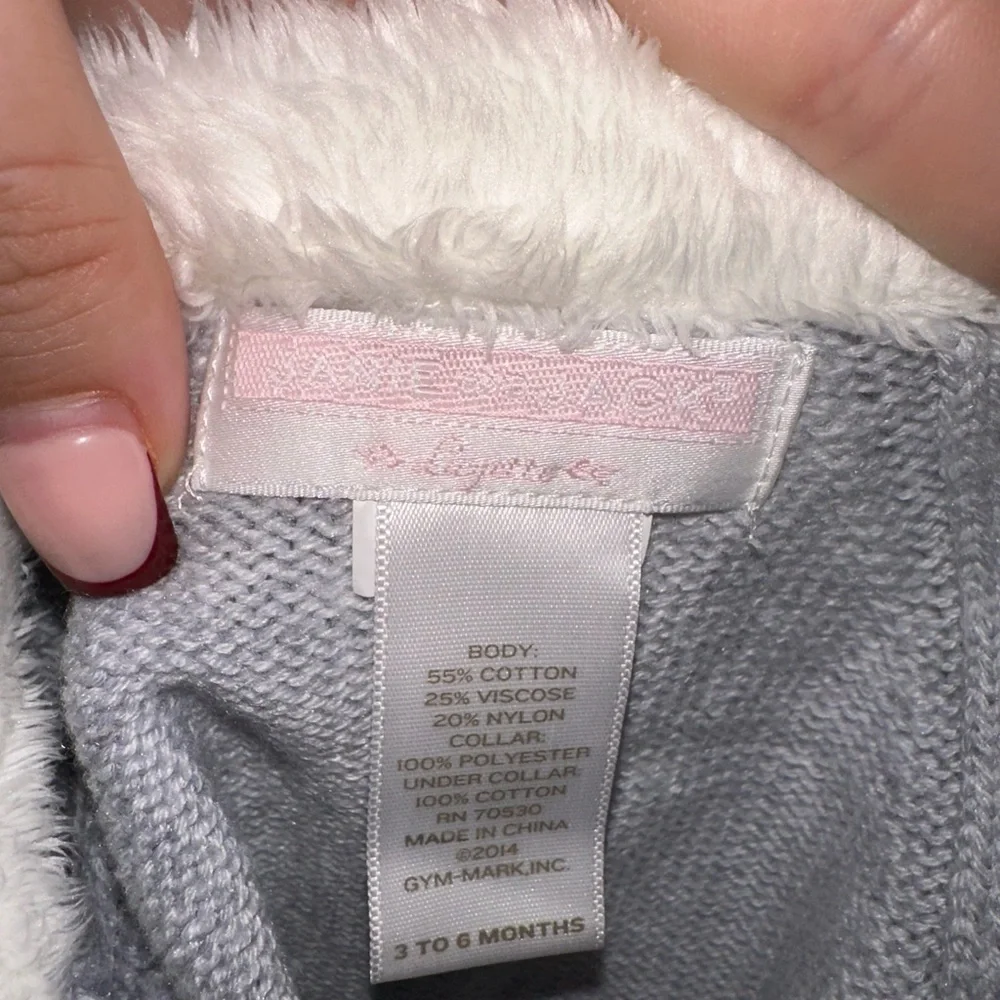 Janie and Jack Gray Knit Baby Cardigan with White faux Fur Collar 3 to 6 months